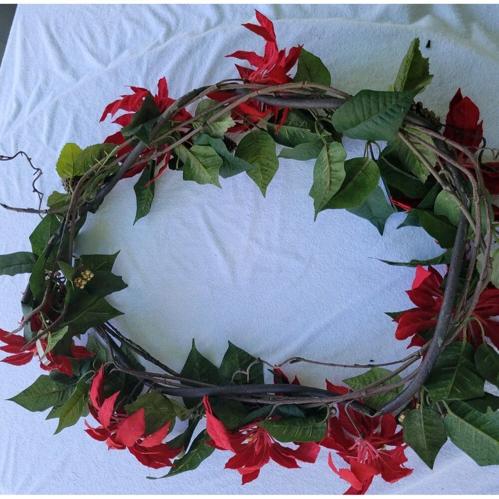 Red Poinsettia & Berry 6ft Mantel Door Stair Flower Swag Arrangement Christmas